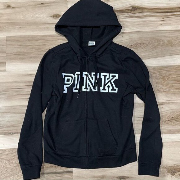 Victoria’s Secret PINK Black Zip Up Hoodie Sweatshirt Women’s Small - Picture 1 of 3